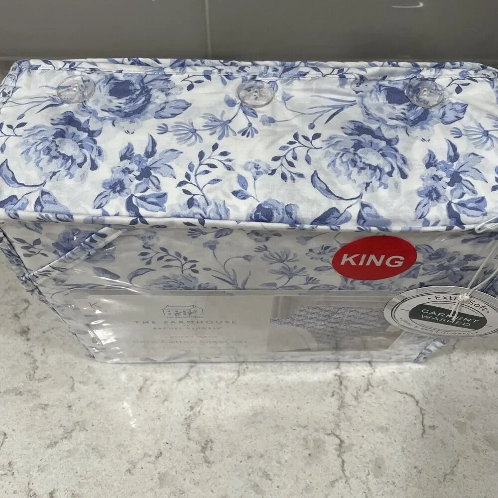 The Farmhouse KING Rachel Ashwell 100% Cotton Flower Floral Blue White Sheet Set